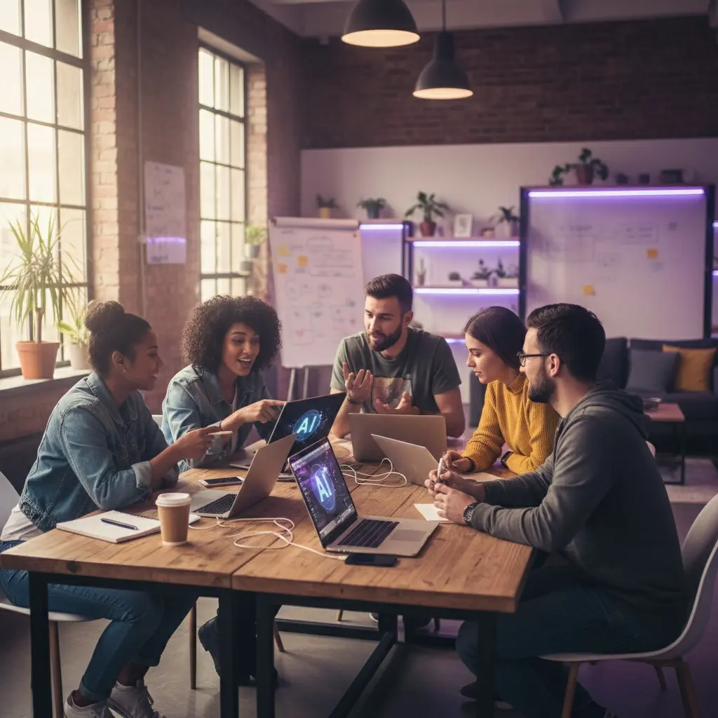 Young startup founders and product managers collaborating in a modern workspace, testing an AI-powered app on laptops and tablets.
